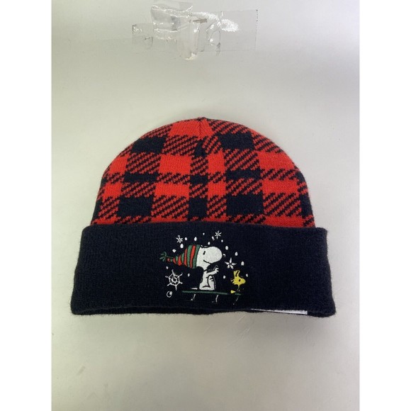 Peanuts Snoopy Woodstock Embroidered Red Black Knit Cuff Beanie Hat Adult OSFM - Picture 1 of 4